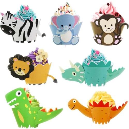 12pcs Cartoon Dinosaur Cupcake Wrappers Happy Birthday Party Cake Decorations Kids Jungle Animals Party Dinosaur Party Supplies