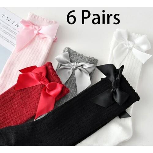 6Pairs Baby Girls Socks Knee High Princess Socks With Bows Girl Cute Baby Sock Cotton Long Tube Bow Striped Children Socks