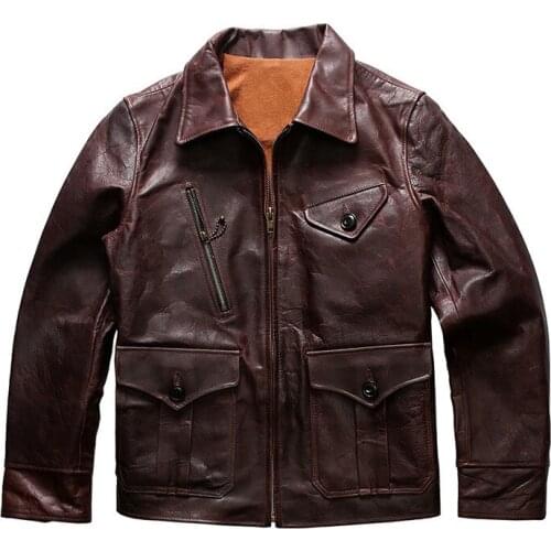 American First Layer Oil Wax Cowhide Leather Jacket Mens Manufacturer Lapel Multi-Pocket Stiff Leather Jacket Jacket Men