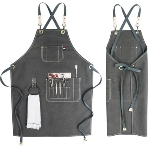 Gray Canvas Bib Apron Cotton Strap Barista Bartender Pastry Waitstaff Uniform Florist Barber Hairdresser Painter Work Wear K93