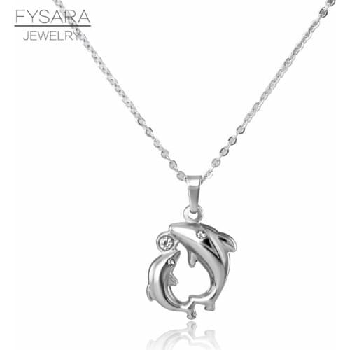 FYSARA Cute Animal Fishs Dolphin Crystals Pendant Necklace For Women Stainless Steel Statement Love Short Necklace Childen Gift