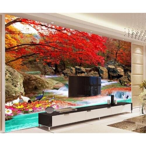Chinese Style 3D Wall Mural Wall Paper Natural Landscape Xiangshan Red Leaves Crane Photo Wallpaper Mural 3D Room Landscape