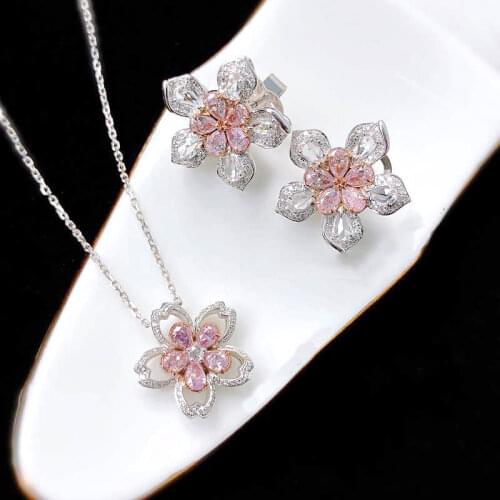 2021 Spring Cherry Flowers 925 Silver Earrings Pendant Necklace Pink Jewelry Set Bling Zircon Wedding Bridal for Brides Jewelry