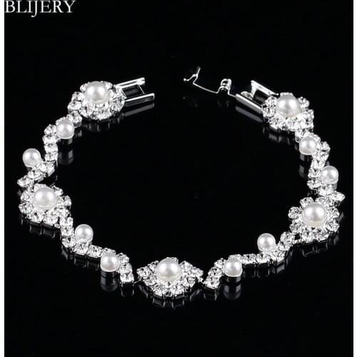BLIJERY Charm Simulated Pearl Crystal Bridal Bracelets Silver Color Women Bracelets & Bangles Femme Pulseras Wedding Jewelry