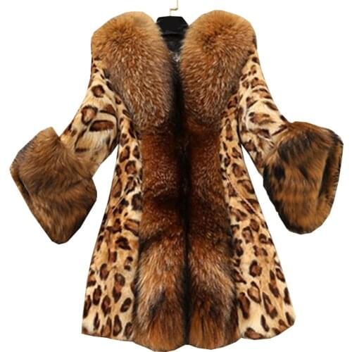 Fashion Winter Women Faux Fur Leopard Warm Coat With Raccoon Dog Collar Faux Fur Poncho Plus Size Loose Parka outwearFemale