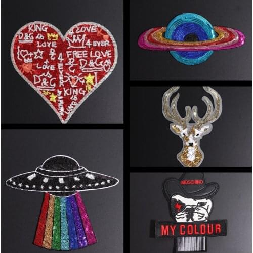 Fashion Sequined UFO Space Patches Iron On Sew On Deer Stickers for Clothes Jeans Appliques DIY Coats Pants Badge Sewing Patches