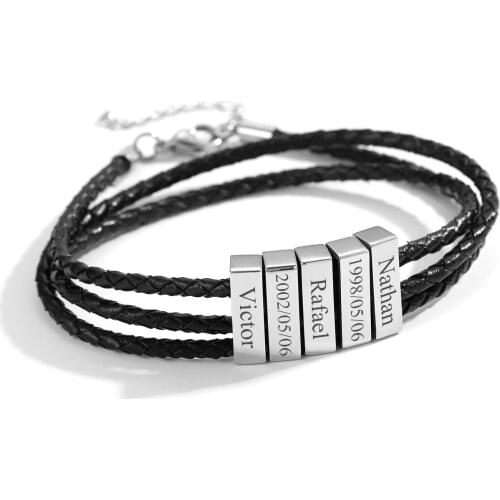 Mens Bracelet With Custom Name With Beads Personalized Male Name Bracelet Jewelry Genuine Leather Braided Bracelet Family Gift