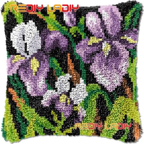Latch Hook Cushion Iris Flowers DIY Needlepoint Kits Chunky Acrylic Yarn Arts Crocheting Lofty Pillow Case Hobby & Crafts