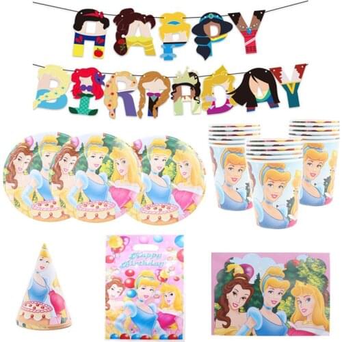 Disney Three Princess Birthday Party Decoration Tablecloth Christmas Flag Family Party Cup Plate Napkin Disposable Tableware Set