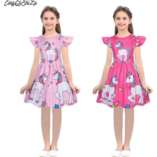 2020 New Summer Girls Unicorn Dress Clothes Flying Sleeve Kids Tutu Dress Party Fancy Dress For Girls