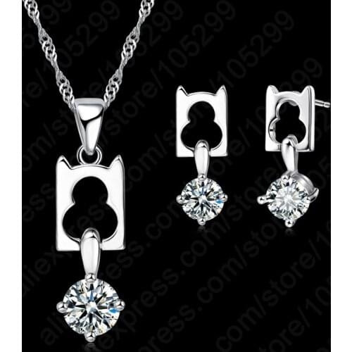 Newest Woman Wedding Jewelry 925 Sterling Silver Cubic Square 4Claw Chain Necklace Stud Dangle Earring Set Wholesale