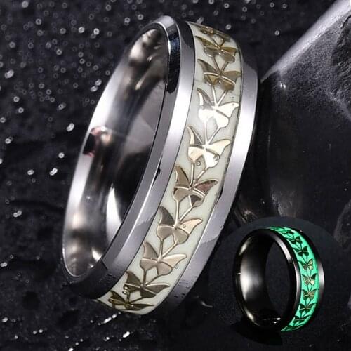 Green Glow in the Dark Stainless Steel Butterfly Wedding Band Luminous Ring for Woman Man