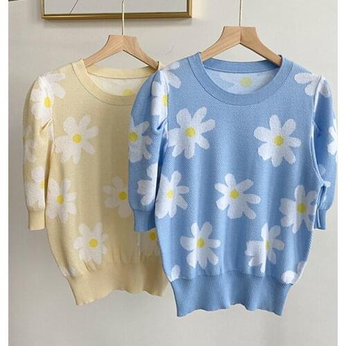 OUMENGKA Crop Female Summer Half Puff Sleeve T-Shirt Womens Cute Clothes Flower Print Slim Knit Blue Tops Cropped Tees