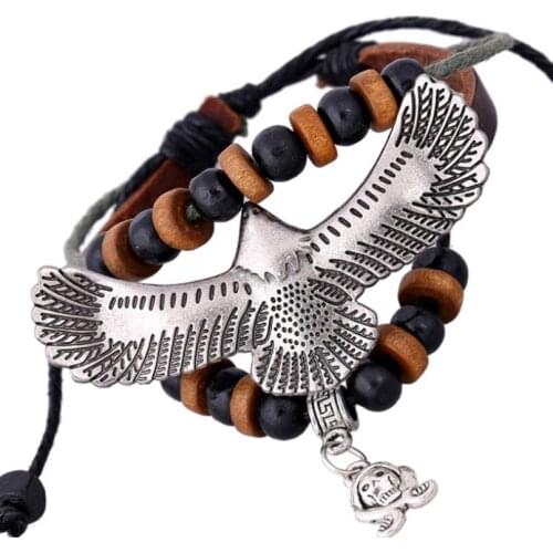 Punk Gothic Eagle Pirate Bracelet Vintage Beads Skull Charm Multilayer Leather Wrap Bangle Hiphop Wristband Rock Fashion Jewelry