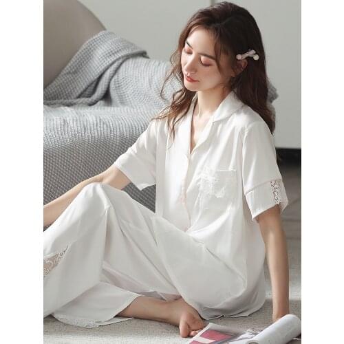 Pajama sets Summer Solid White Satin Pyjama Femme PJ Home Clothes Satin Sleepwear Women Fashion Nightwear Ice-Silk Pijama Mujer