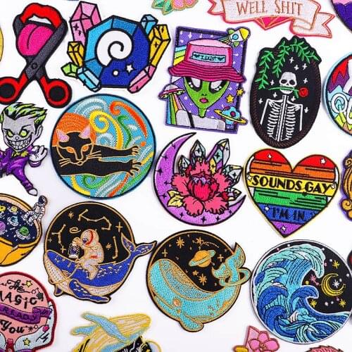 Whale Space Patch Iron On Patches For Clothes Hippie Cat Flower Embroidery Patches Gay Fabric Badge Stripes Patches On Clothes