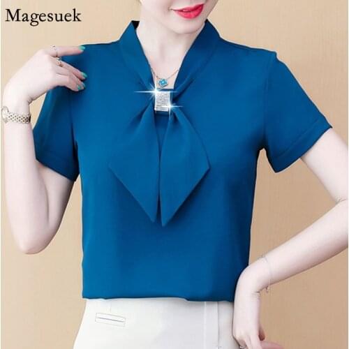 V-Neck Bow Loose Solid Summer Chiffon Blouse Women 2021 New Short Sleeve Casual Shirt Tops Fashion Plus Size Female Shirts 9529