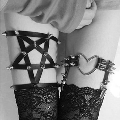 2021 Goth Style Women Sexy Elasticity Garters Heart Leg Chain Garter Belts Cosplay Spike Rivet Punk Nightclub Thigh Ring Garters