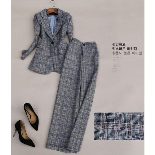 Super Chic Woolen OL Clothing Set Elegant Korean Style Plaids Woolen Suit Blazer and Wide Leg Trousers One Set