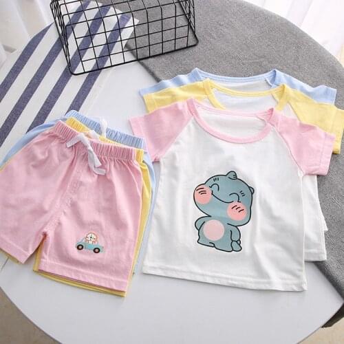 Fun Cartoon Print Kids Set Girl Clothes 2021 Summer Pure Cotton T Shirt Shorts Boys 2 Piece Set Baby Suit Kids Clothes