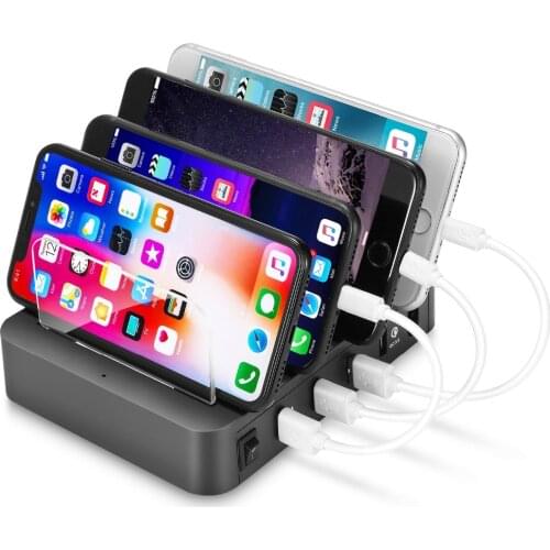 QC 3.0 Smart 4 Port USB Phone Charger With Phone Stand Quick Charging Station Multiple Charger Desktop for Smartphones Tablets