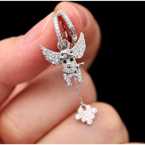 Korean Version Fashion Flying Pig Stud Earrings Women Pavé Crystal Asymmetric Tassel Earrings Simple Exquisite Party Jewelry