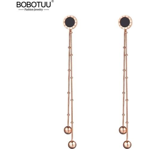 BOBOTUU Titanium Steel Bohemia Tassel Earrings Jewelry Rose Gold Black Acrylic Roman Numerals Dangle Earrings For Women BE19138