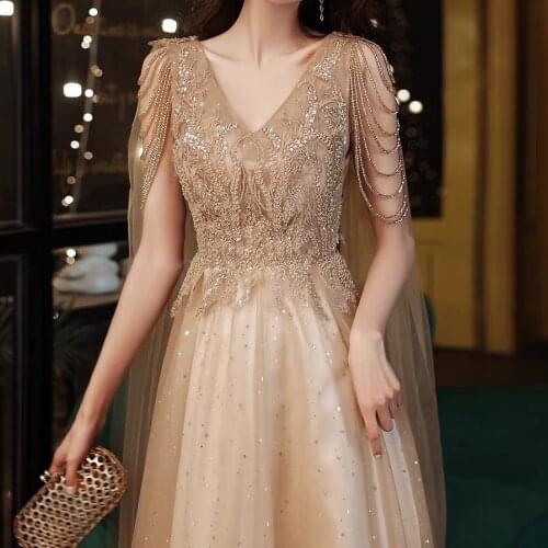 Champagne Gold Evening Dresses With Cape A Line Sexy V-neck A-line Shiny Luxury Beading Shawl Formal Celebrity Prom Gowns New