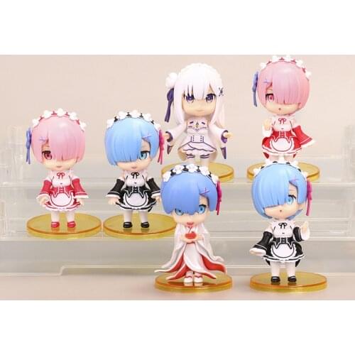 6 Pcs Anime Re:Life in a different world from Zero Rem Ram Dress Cute Mini Ver. PVC Action Figure Cute Rem Lovly Collect 9cm