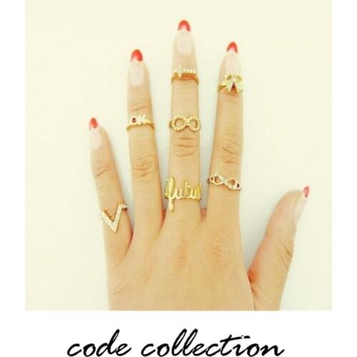 7pcs/set Fashion Personality Ring Set Rhinestone 8 Words V Word Bow Ring For Women Girl Cross Ring Party Jewelry Accessories