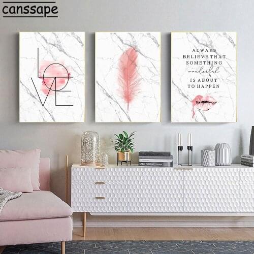 Abstract Marble Wall Art Canvas Painting Lip Feather Love Poster Fashion Quotes Print Modern Pink Art Pictures Living Room Decor