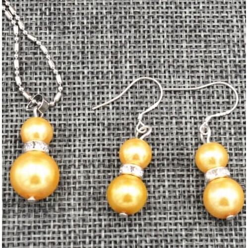 Free Shipping New-8-12mm-Golden-Sea-shell-Pearl-Wedding-Pendants-Necklace-Earrings-Set-AAA