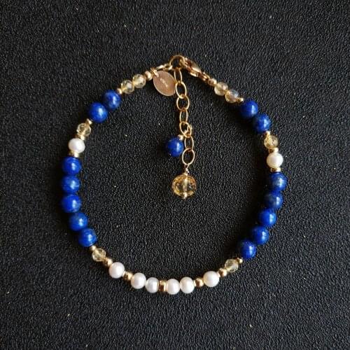 Lii Ji Natural Stone Lapis Lazuli Citrine Pearl Bracelet American 14K GF Gold Color Adjustable Bracelet For Women Men Gift