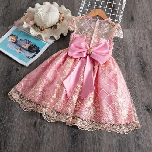 Kids Lace Princess Party Dresses for Girls Pink Elegant Birthday Dress Baby Girl Clothes Big Bow Wedding Gown for 0-10 Yrs Dress