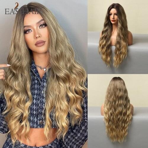 EASIHAIR Long Deep Wave Synthetic Wigs Ombre Dark Brown Mixed Golden Middle Part Heat Resistant Curly Hair Wigs for Black Women