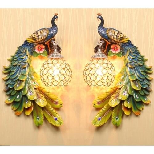 European Art Colorful Peacock Wall Lamp Crystal Lamp Shade Garden Bedroom Corridor Living Room TV Background Wall Resin Light