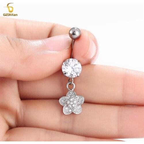 G23Titanium 14G Flower Crystal Navel Ring Dangling Body Piercing Nombril Ombligo Belly Button Rings Men Women Beach Body Jewelry