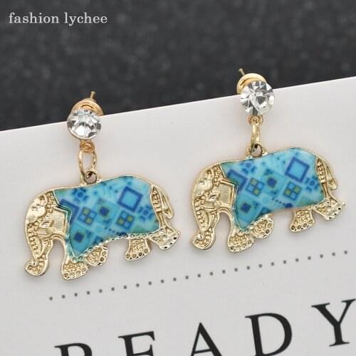 Fashion lychee Cartoon Enamel Elephant Dangle Animal India Earrings For Girls Multi Color Vintage Crystal Jhumka Earrings Women