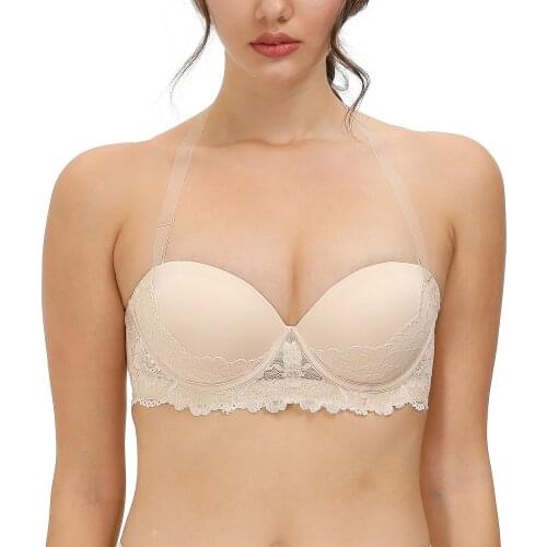 YANDW Fashion Black Women Bra Push Up Padded Non-slip Lace Lingerie Halter Supportive Multiway Bralette Backless Underwear