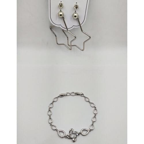 Mens Gift Cubic Zirconia Stylish Steel Bracelet and Steel Earrings