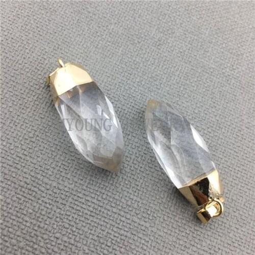 MY0328 Clear White Crystal Quartz Faceted Point Nail Pendant with Pure Gold Color Cap and Bail,Petite Pillar Necklace Pendant