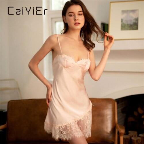 CAIYIER Summer Sexy Nightdress Lace Embroidery Lingerie Silk Nightgown Beauty Back Sling Sleepdress With Chest Pad Mini Dress