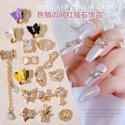 2021 New Arrival Fashion Hot Selling Nail Drill Cubic Double Layer Butterfly Mental Zircon Love Heart Pearl Butterfly Nail Decor