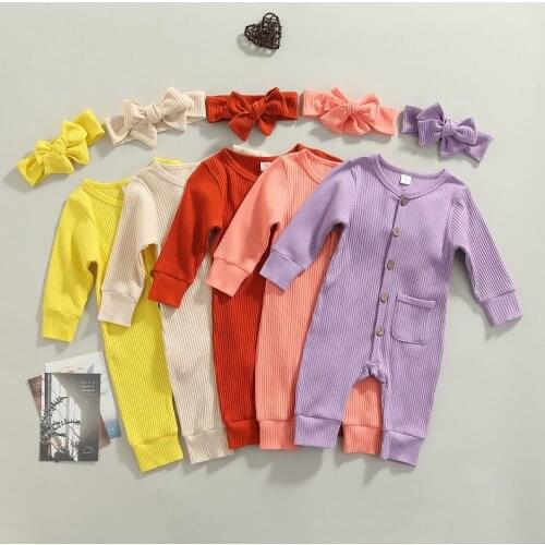0-24M Newborn Baby Girl Solid Color Long Sleeve Pocket Cotton Romper Jumpsuit Headband 2PCS Autumn Clothes