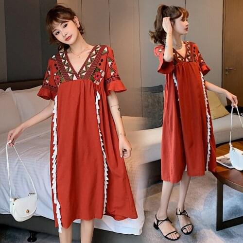 296# Maternity Dress Summer V Neck Short Sleeve Easy Matching Loose Stylish Dress for Pregnant Women Mom Dress
