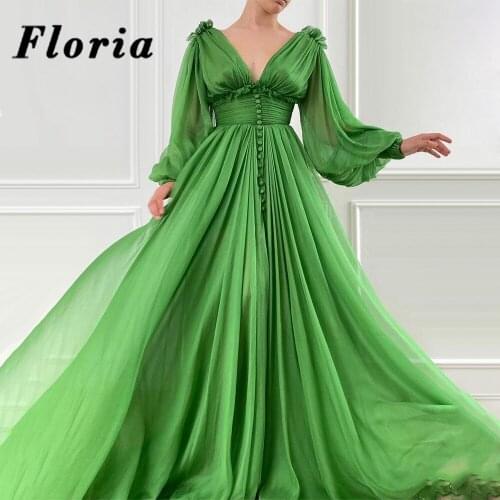 New Arrival V Neck Long Sleeve Prom Dresses Turkish A-Line Cut-out Evening Dress 2020 Chiffon Dubai Party Gowns Robe De Soiree