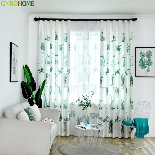 Green Plant Aloe Curtains for Living Room Kitchen White Semi Blackout Drapes For Bedroom