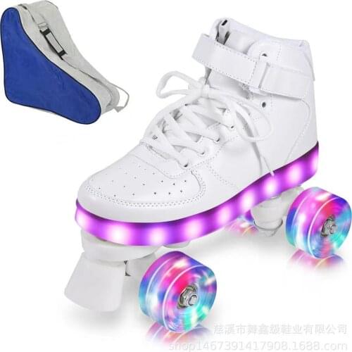 2021 New Style Led Rechargeable White Luminous Double Row 4 Wheel Roller Skates Patines Outdoor Men Women Shoes