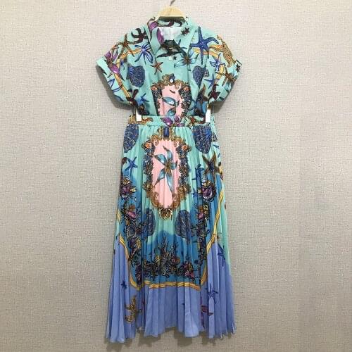 New Arrival Summer 2021 Fashion Womens Holiday Style Short sleeves Shirts+pleated Skirts 2piece set C378