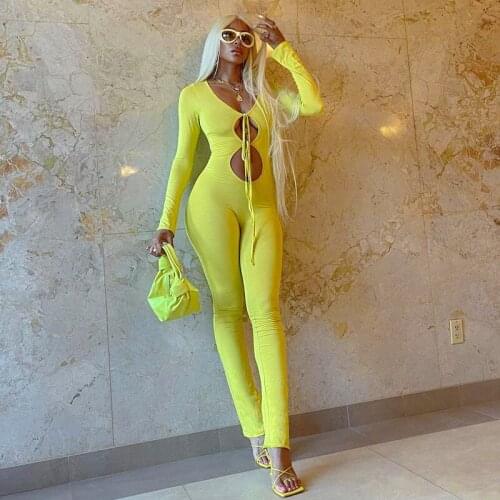 2021 New Style Women Skinny Jumpsuit Ladies Solid Color Long Sleeve Hollow Out Tie-up Overalls Fashion Sexy Clothes